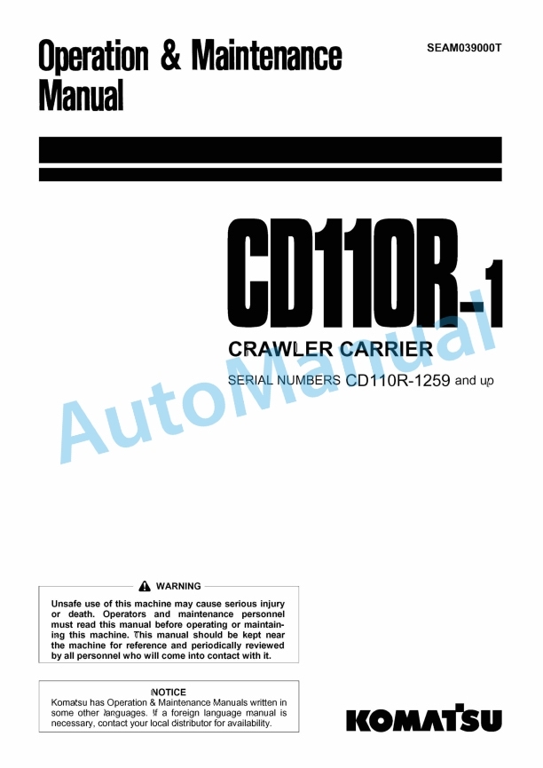 Komatsu CD110R-1 Crawler Carrier Operation and Maintenance Manual SEAM039000T