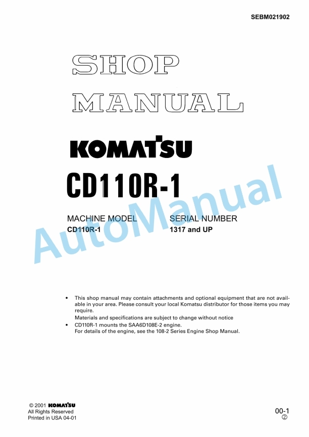 Komatsu CD110R-1 Crawler Carrier Shop Manual SEBM021902