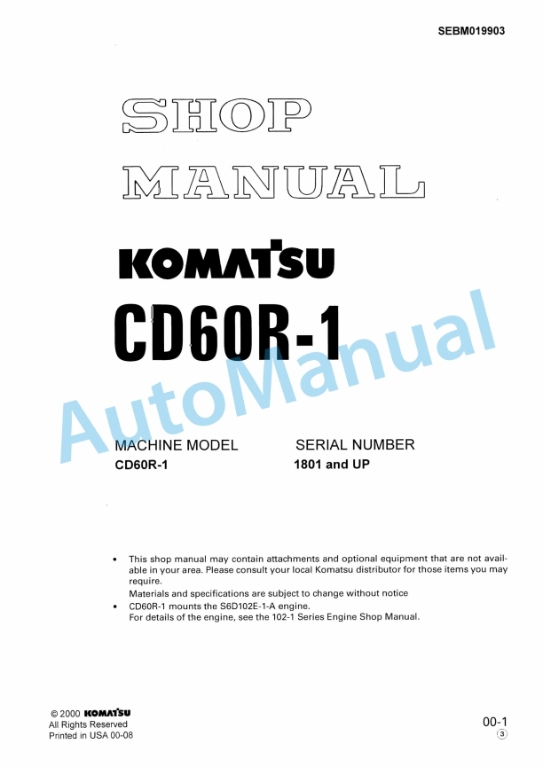 Komatsu CD60R-1 Crawler Carrier Shop Manual SEBM019903