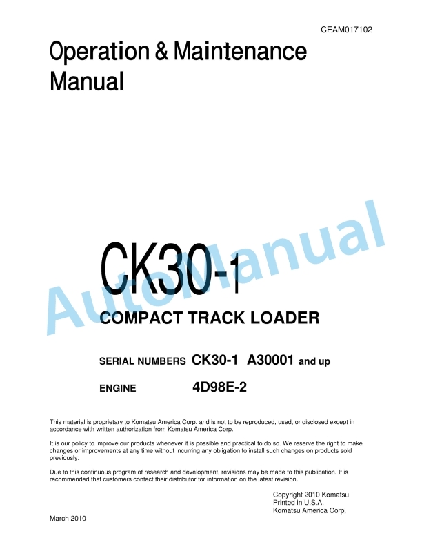 Komatsu CK30-1 Compact Track Loader Operation and Maintenance Manual CEAM017102