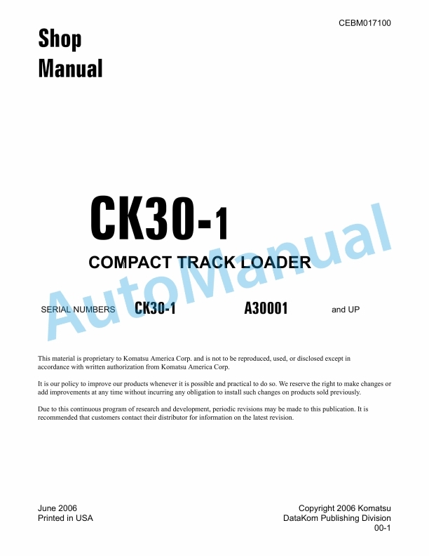 Komatsu CK30-1 Compact Track Loader Shop Manual CEBM017100