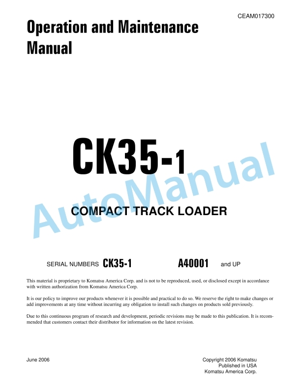 Komatsu CK35-1 Compact Track Loader Operation and Maintenance Manual CEAM017300