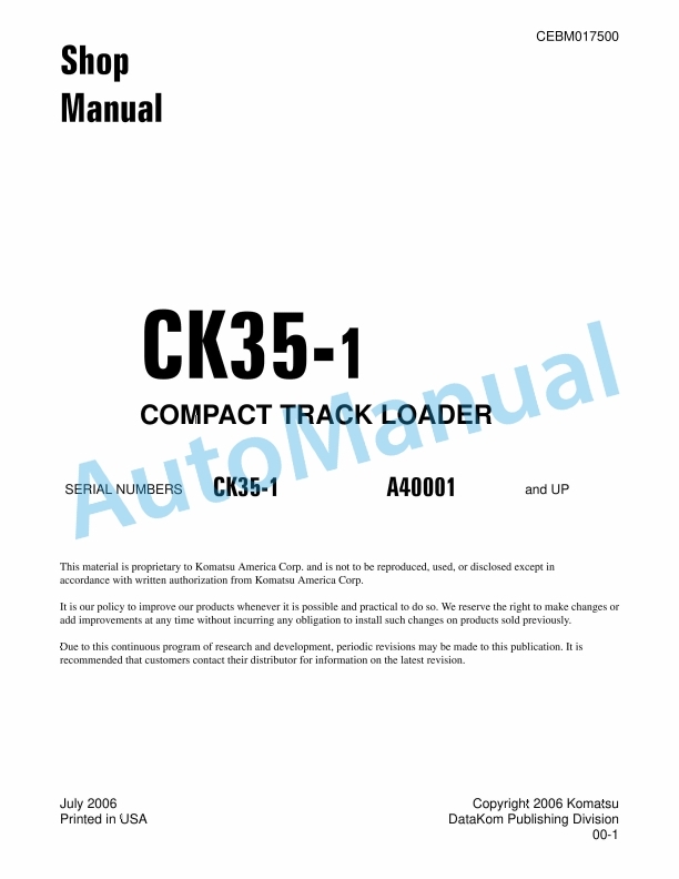 Komatsu CK35-1 Compact Track Loader Shop Manual CEBM017500