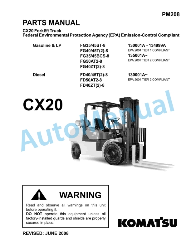 Komatsu CX20 Forklift Truck Parts Manual PM208