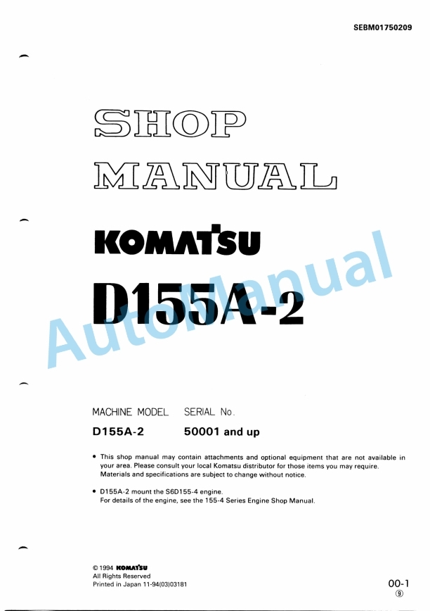 Komatsu D155A-2 Bull Dozer Shop Manual SEBM01750209