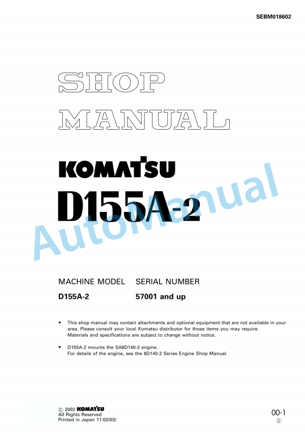 Komatsu D155A-2 Bull Dozer Shop Manual SEBM018602