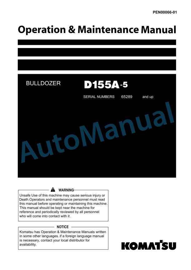 Komatsu D155A-5 Bull Dozer Operation and Maintenance Manual PEN00066-01