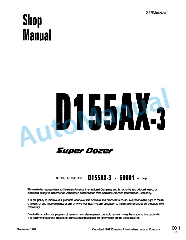 Komatsu D155AX-3 Bull Dozer Shop Manual SEBM005207