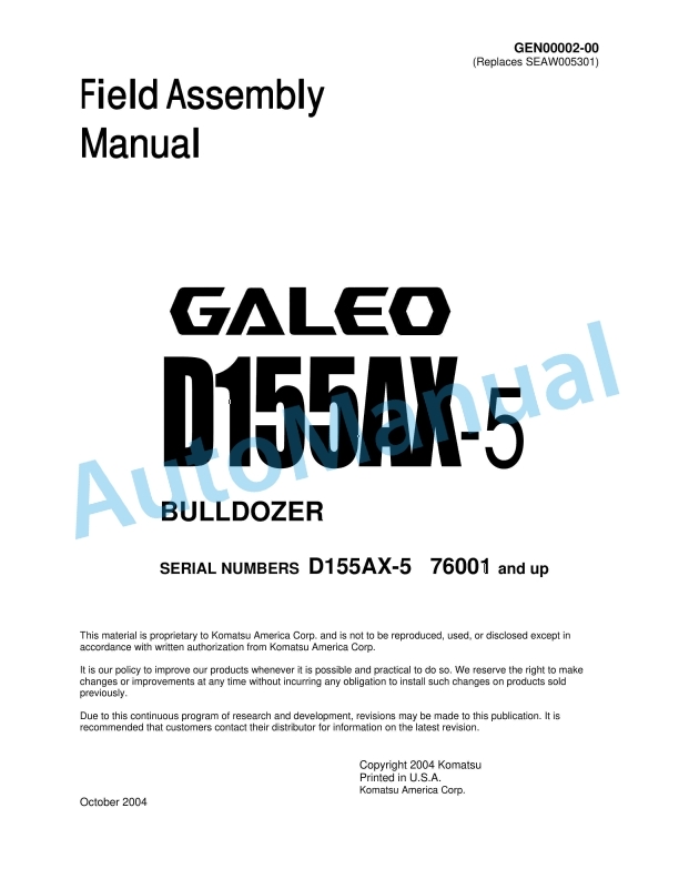 Komatsu D155AX-5 Bull Dozer Field Assembly Instruction GEN00002-00