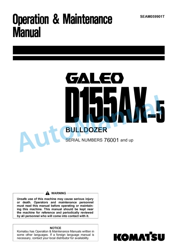 Komatsu D155AX-5 Bull Dozer Operation and Maintenance Manual SEAM059901T