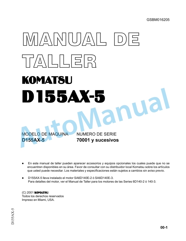 Komatsu D155AX-5 Bull Dozer Shop Manual GSBM016205