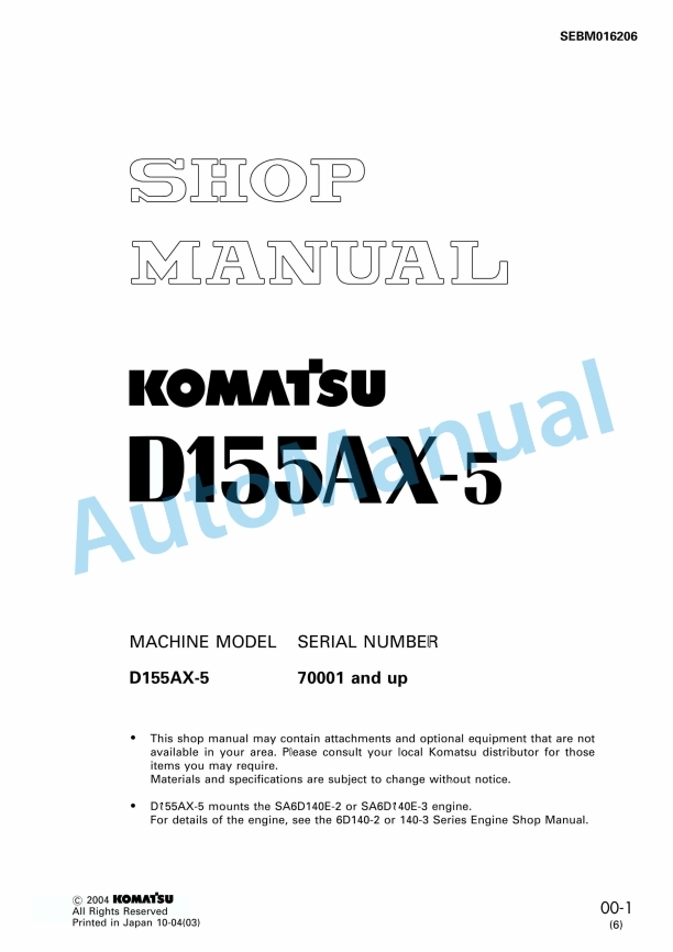 Komatsu D155AX-5 Bull Dozer Shop Manual SEBM016206