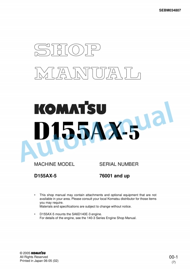 Komatsu D155AX-5 Bull Dozer Shop Manual SEBM034807