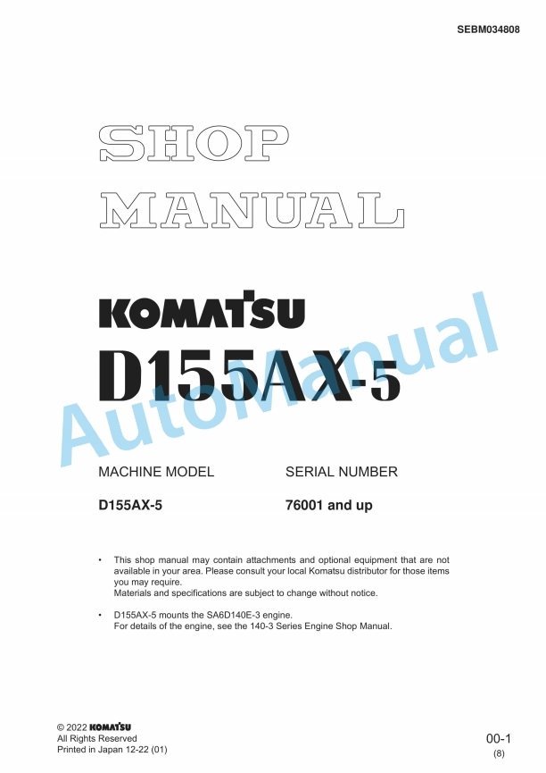 Komatsu D155AX-5 Bull Dozer Shop Manual SEBM034808