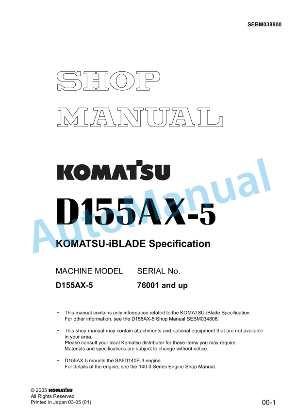 Komatsu D155AX-5 Bull Dozer Shop Manual SEBM038800