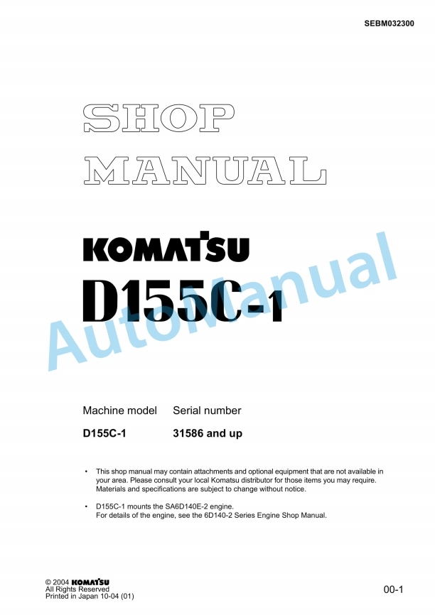 Komatsu D155C-1 PipeLayer Shop Manual SEBM032300
