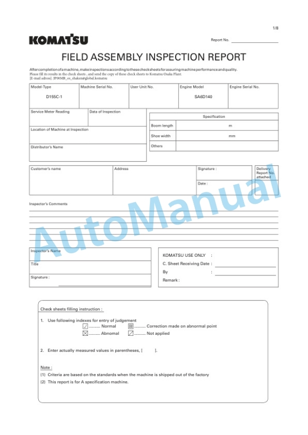 Komatsu D155C-1DA Pipelayer Field Assembly Instruction GEN00023-02-5