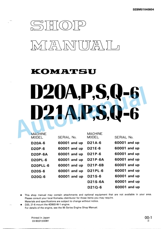Komatsu D20A-6, D20P-6, D20S-6, D20Q-6, D21A-6, D21P-6, D21S-6, D21Q-6 Bull Dozer Shop Manual SEBM01040604