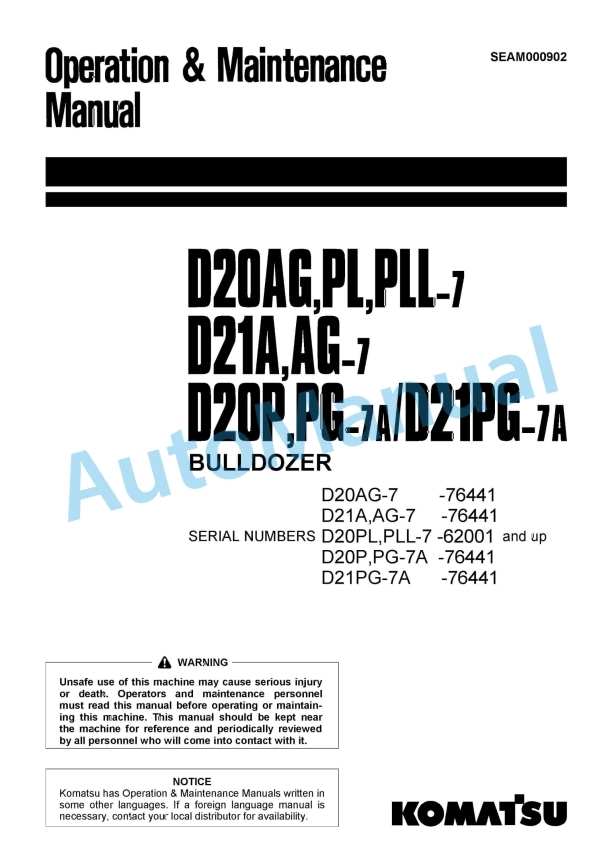 Komatsu D20AG-7, D20PL-7, D20PLL-7, D21A-7, D21AG-7, D20P-7A, D20PG-7A, D21PG-7A Bull Dozer Operation and Maintenance Manual SEAM000902