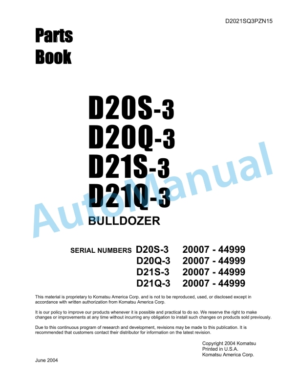 Komatsu D20S-3, D20Q-3, D21S-3, D21Q-3 Bull Dozer Parts Manual D2021SQ3PZN15