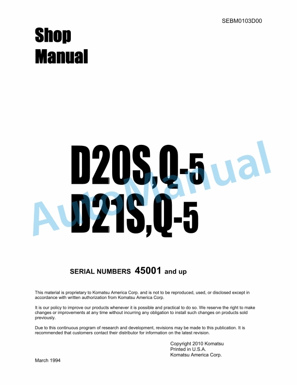 Komatsu D20S-5, D20Q-5, D21S-5, D21Q-5 Shop Manual SEBM0103D00