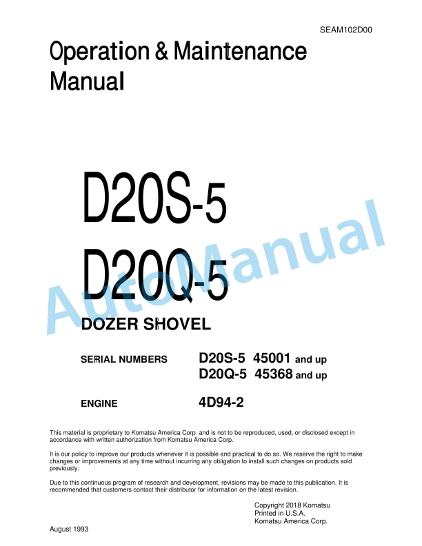 Komatsu D20S-5, D20Q-5 Dozer Shovel Operation and Maintenance Manual SEAM102D00