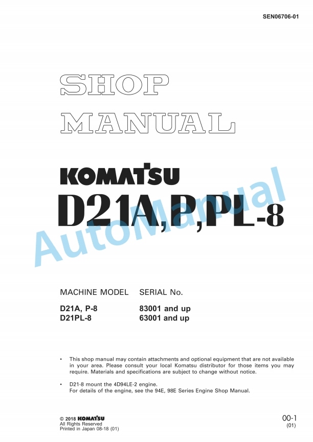 Komatsu D21A-8, D21P-8, D21PL-8 Bull Dozer Shop Manual SEN06706-01