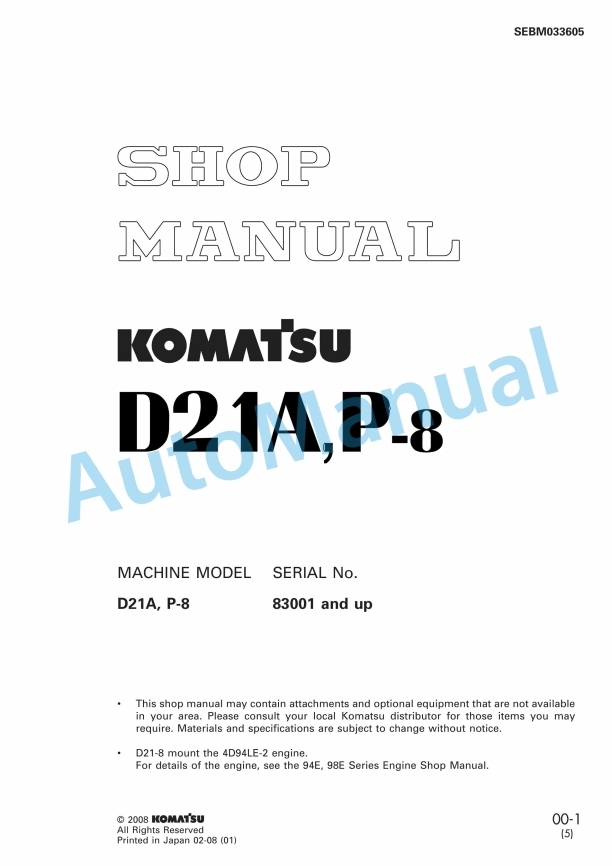 Komatsu D21A-8, D21P-8 Shop Manual SEBM033605