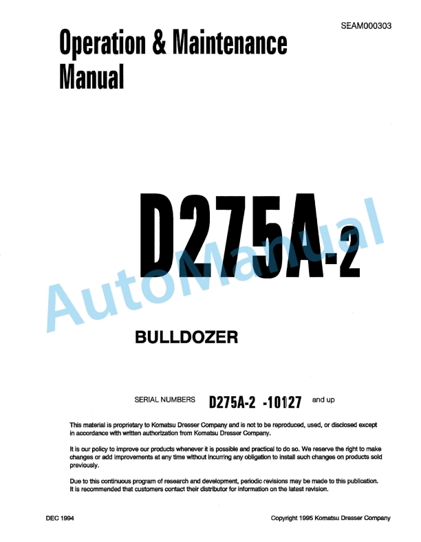 Komatsu D275A-2 Bull Dozer Operation and Maintenance Manual SEAM000303