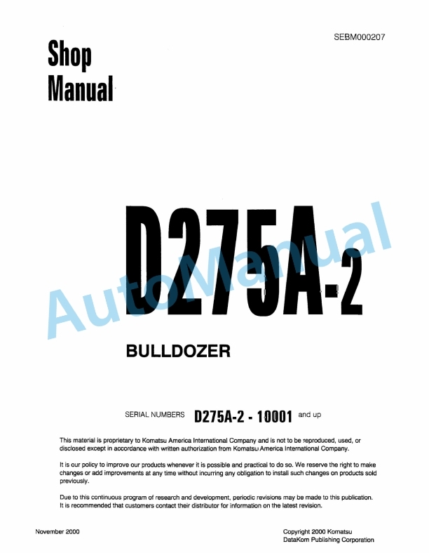 Komatsu D275A-2 Bull Dozer Shop Manual SEBM000207