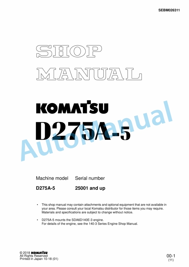 Komatsu D275A-5 Bull Dozer Shop Manual SEBM026311