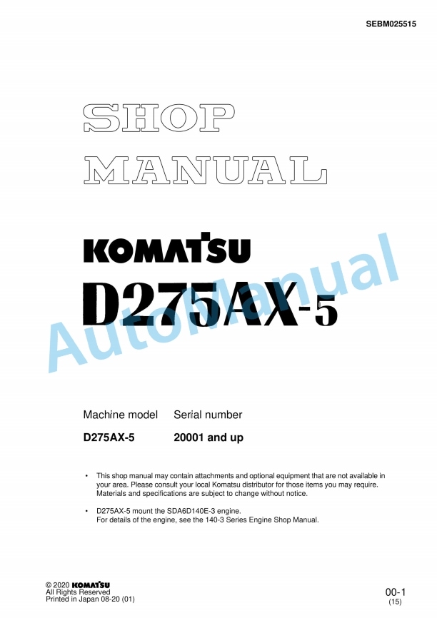 Komatsu D275AX-5 Bull Dozer Shop Manual SEBM025515