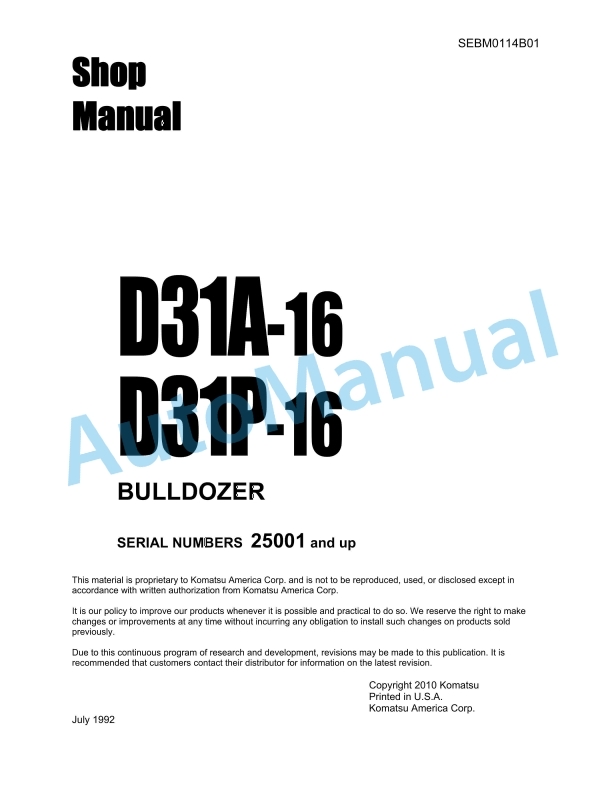 Komatsu D31A-16, D31P-16 Bull Dozer Shop Manual SEBM0114B01