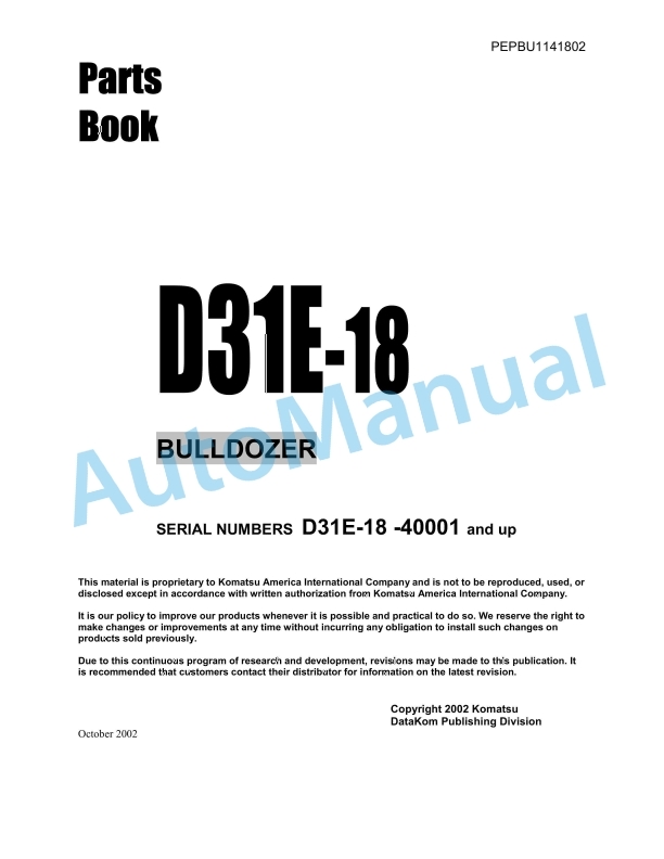 Komatsu D31E-18 Bulldozer Parts Manual PEPBU1141802