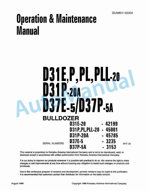 Komatsu D31E-20, D31P-20, D31PL-20, D31PLL-20, D31P-20A, D37E-5, D37P-5A Bull Dozer Operation and Maintenance Manual SEAM01142004