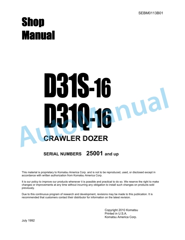 Komatsu D31S-16, D31Q-16 Crawler Dozer Shop Manual SEBM0113B01