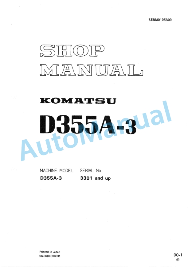 Komatsu D355A-3 Bull Dozer Shop Manual SEBM0195B09