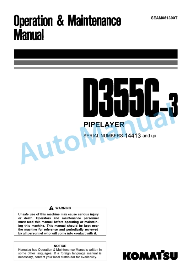 Komatsu D355C-3 PipeLayer Operation and Maintenance Manual SEAM051300T