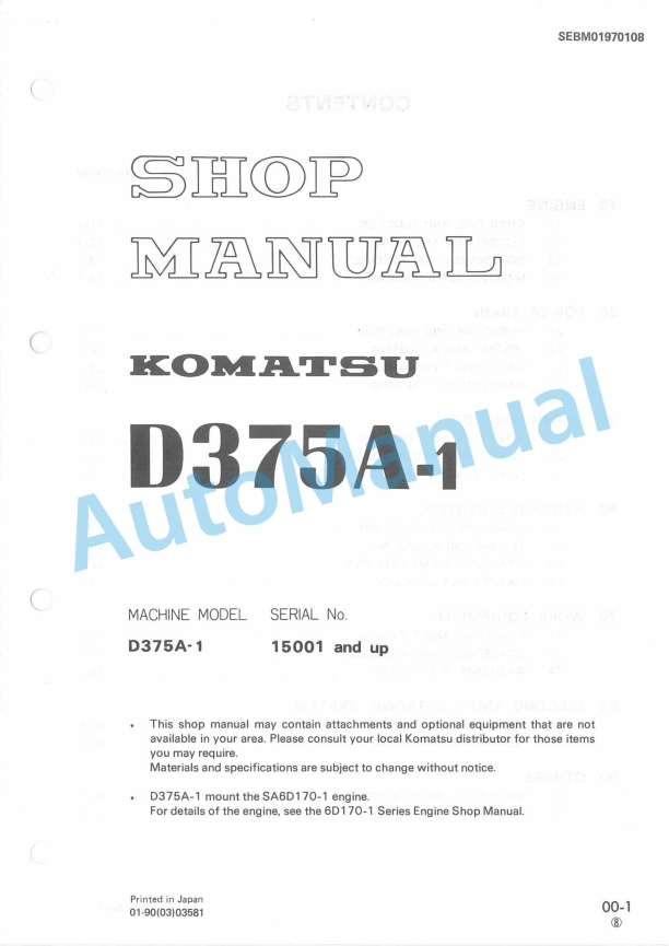 Komatsu D375A-1 Bull Dozer Shop Manual SEBM01970108