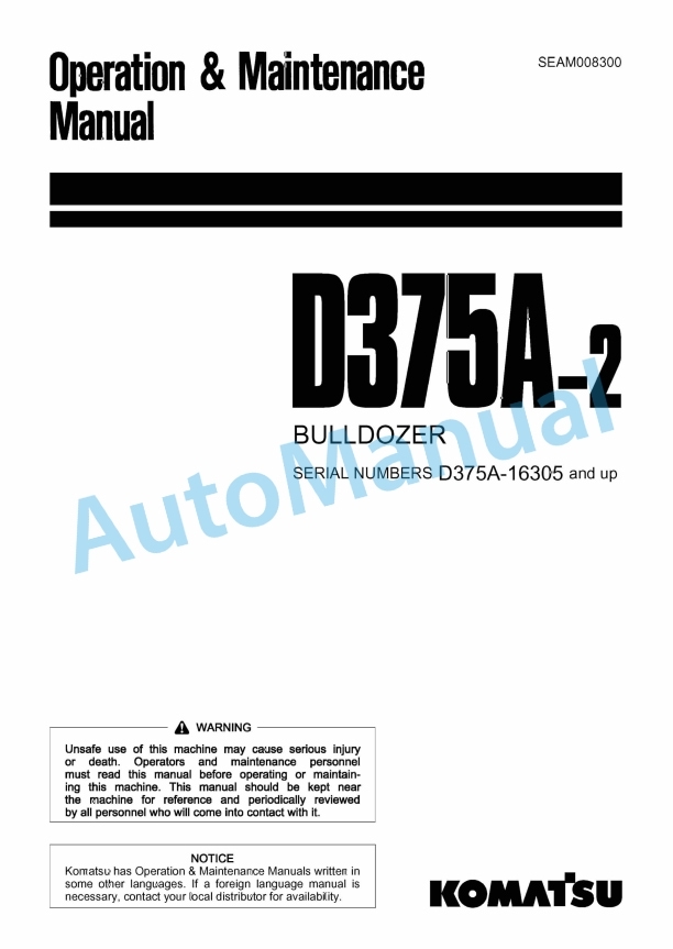 Komatsu D375A-2 Bull Dozer Operation and Maintenance Manual SEAM008300