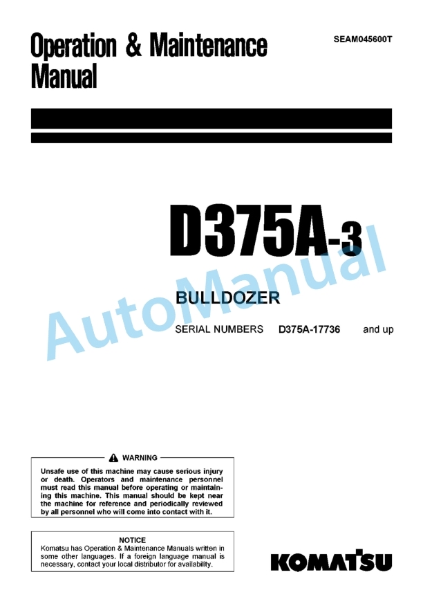 Komatsu D375A-3 Bull Dozer Operation and Maintenance Manual SEAM045600T