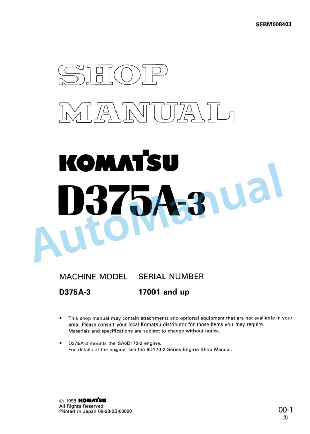 Komatsu D375A-3 Bull Dozer Shop Manual SEBM008403