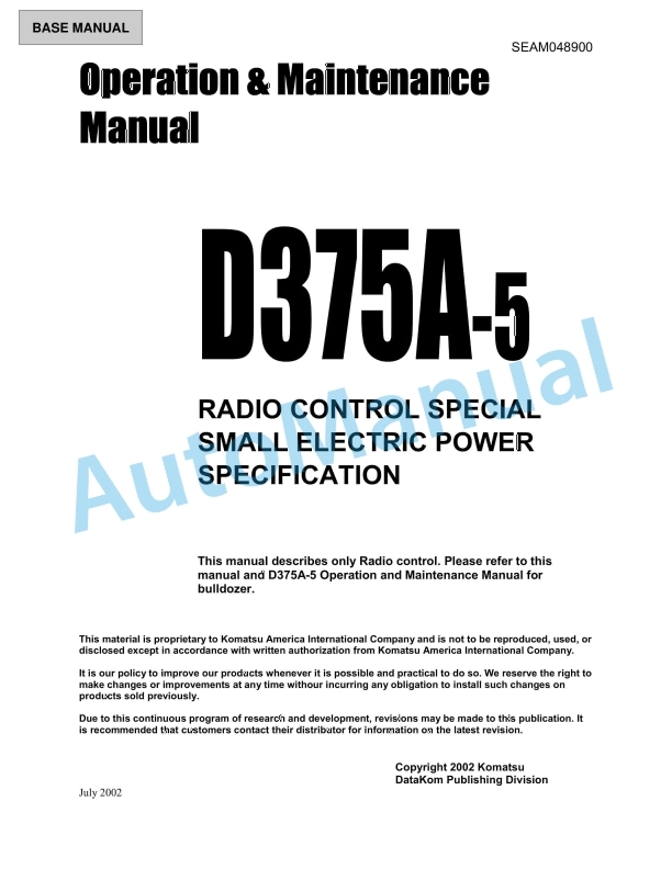 Komatsu D375A-5 Bull Dozer Operation and Maintenance Manual SEAM048900
