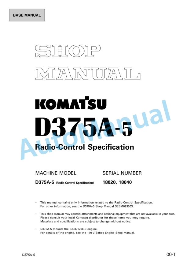Komatsu D375A-5 Bull Dozer Shop Manual SEBM028900