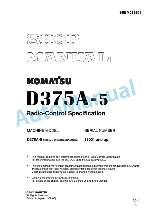 Komatsu D375A-5 Bull Dozer Shop Manual SEBM028901
