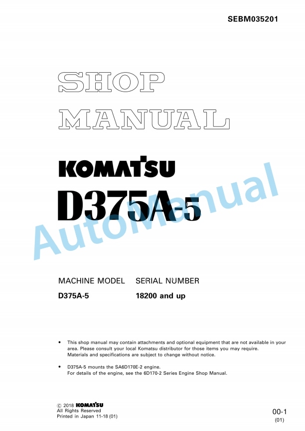 Komatsu D375A-5 Bull Dozer Shop Manual SEBM035201