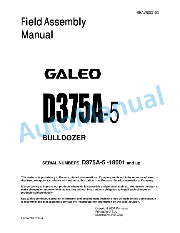Komatsu D375A-5 Galeo Bull Dozer Field Assembly Manual SEAW003103