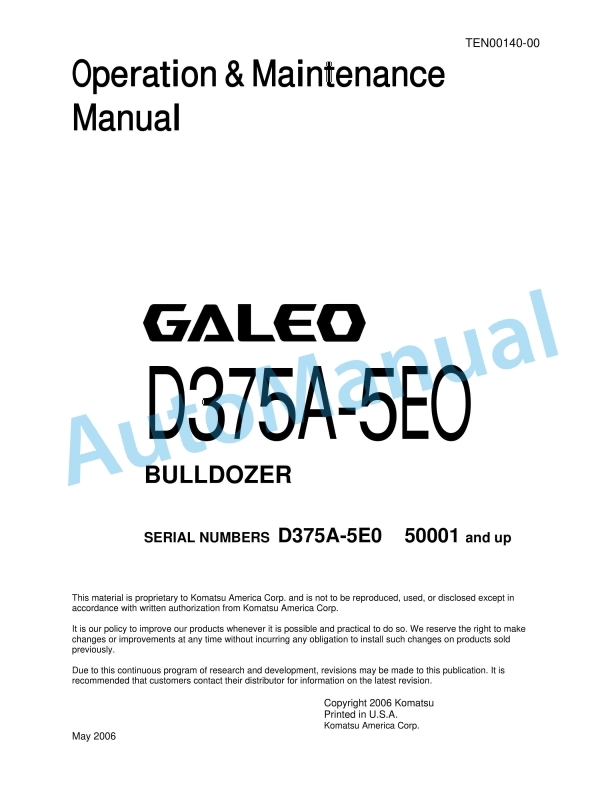 Komatsu D375A-5E0 Galeo Bull Dozer Operation and Maintenance Manual TEN00140-00