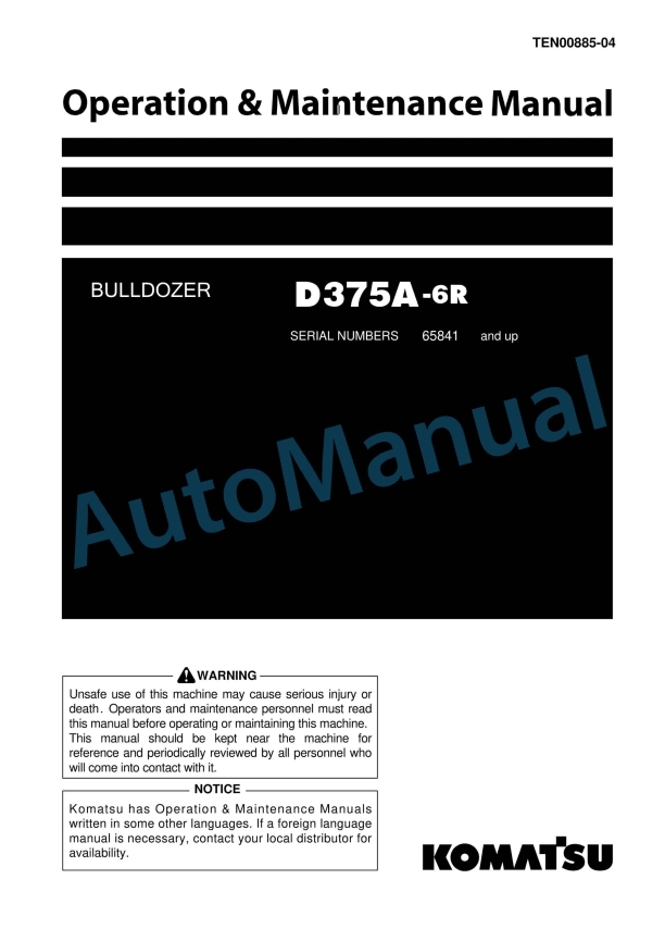 Komatsu D375A-6R Bull Dozer Operation and Maintenance Manual TEN00885-04