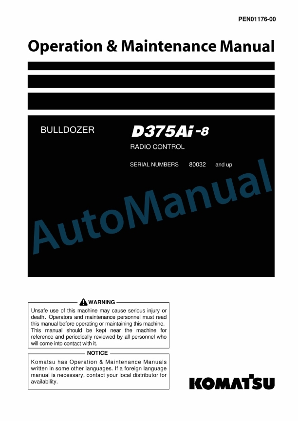Komatsu D375Ai-8 Bull Dozer Operation and Maintenance Manual PEN01176-00
